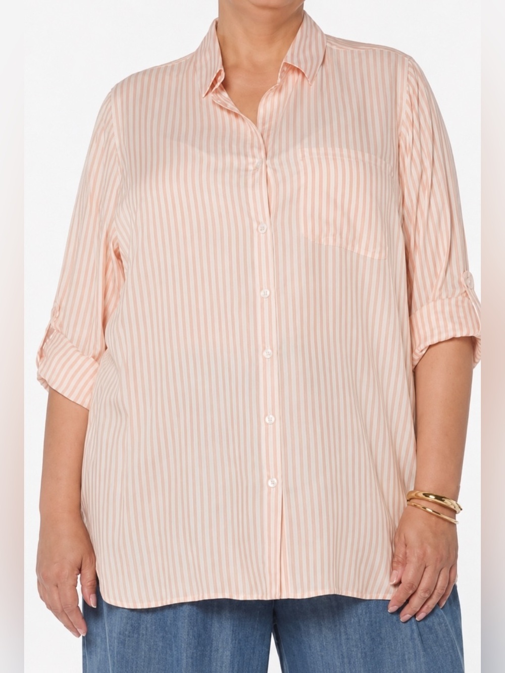 Velvet Heart Lightweight Pink/White Striped Button-Up Size-1X Quiet Luxury